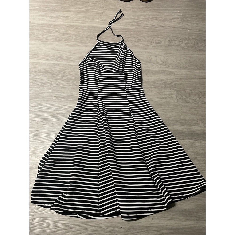 SO Black White Striped Halter A-Line Knit Sleeveless Stretch Dress Size S